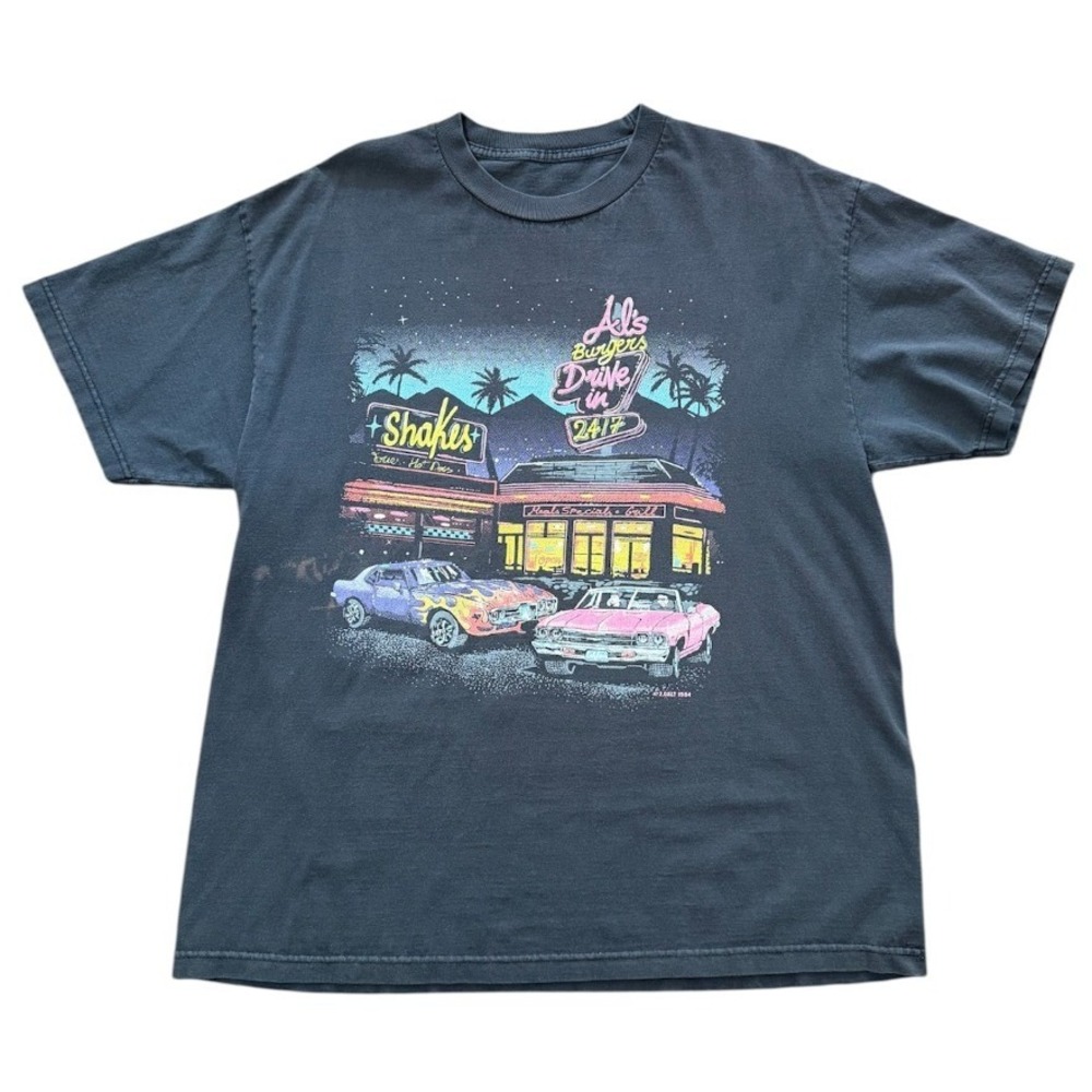 Vintage 80s John Galt Diner Art Sports Car Flame Retro Faded Graphic T-shirt